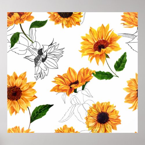Hand_drawn sunflowers vibrant yellow pattern poster