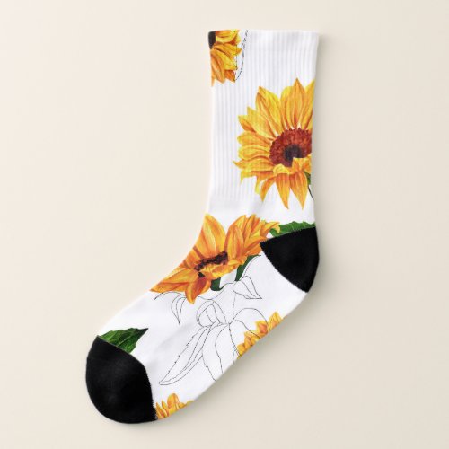 Hand_drawn sunflowers vibrant yellow pattern socks