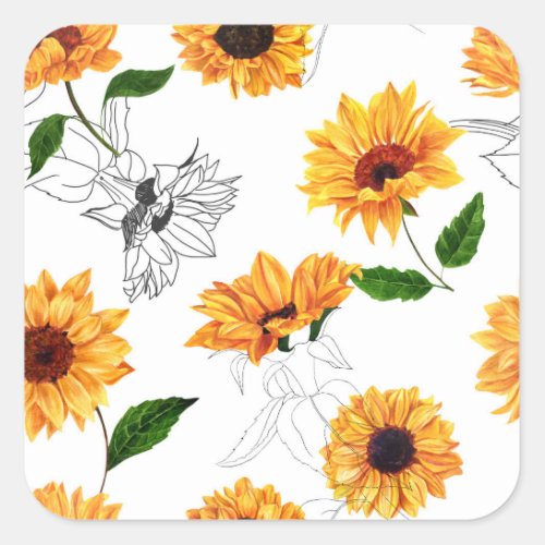 Hand_drawn sunflowers vibrant yellow pattern square sticker