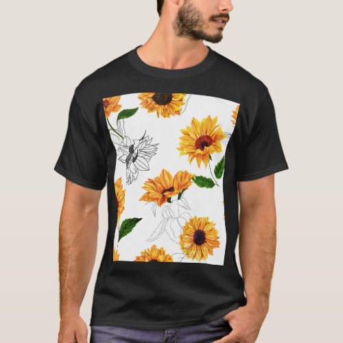 Hand_drawn sunflowers vibrant yellow pattern T_Shirt