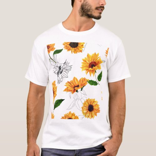 Hand_drawn sunflowers vibrant yellow pattern T_Shirt