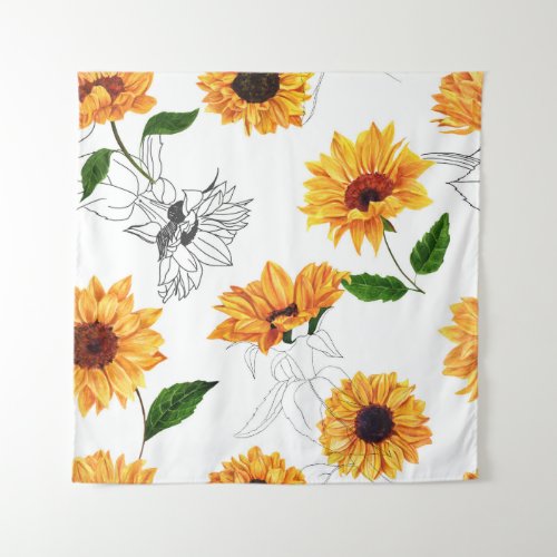 Hand_drawn sunflowers vibrant yellow pattern tapestry