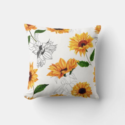 Hand_drawn sunflowers vibrant yellow pattern throw pillow