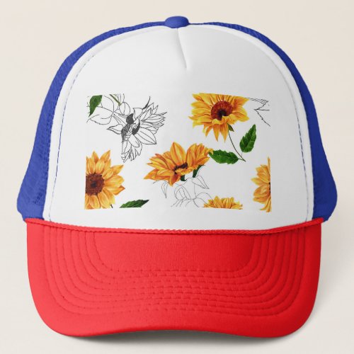 Hand_drawn sunflowers vibrant yellow pattern trucker hat