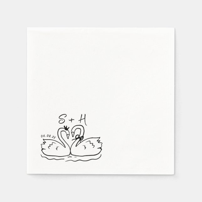 Hand Drawn Swan Heart Wedding Cocktail Napkins (Front)