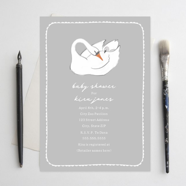 Hand Drawn Swan Mama & Baby Shower Gray  Invitation (Creator Uploaded)