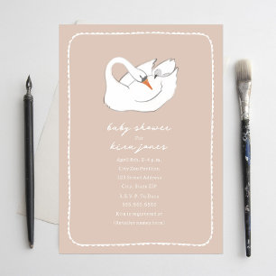 Hand Drawn Swan Mama & Baby Shower Pink Girl Invitation