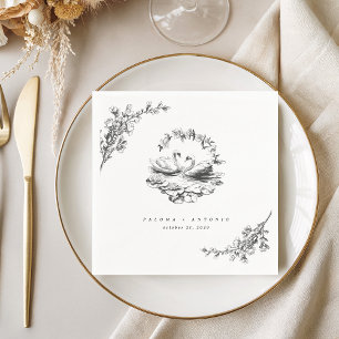 Hand Drawn Swan Vintage Floral Engagement Wedding Napkins