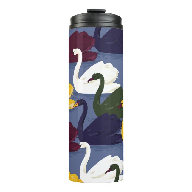 Hand-drawn swans, blue lake pattern. thermal tumbler (Front)