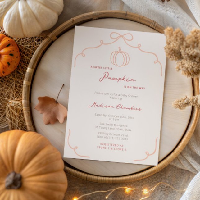 Hand Drawn Sweet Little Pumpkin Fall Baby Shower Invitation (Fall sweet little pumpkin baby shower invitation with hand drawn ribbon bow and handwritten font)