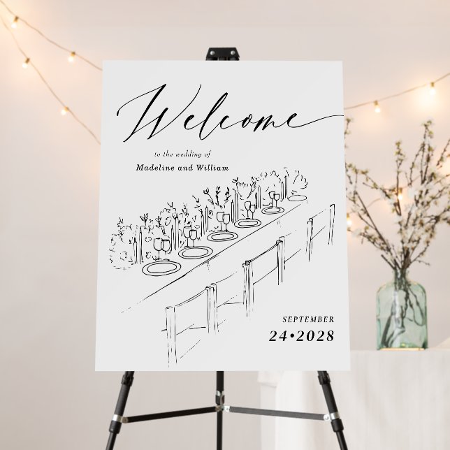 Hand Drawn Table Setting Minimal Wedding Welcome Foam Board (In Situ (Stand))