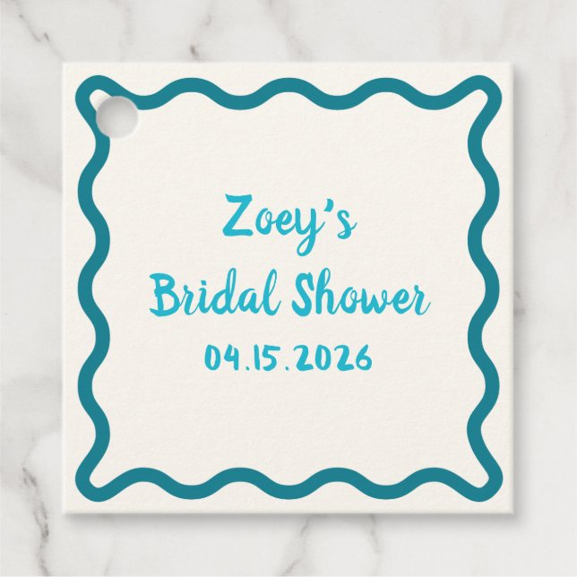 Hand Drawn Teal Wavy Border Bridal Shower Cute Favor Tags (Front)