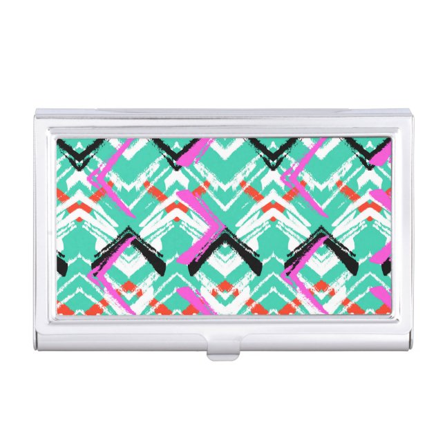 Hand Drawn Teal Zig Zag Pattern Business Card Holder (Front)