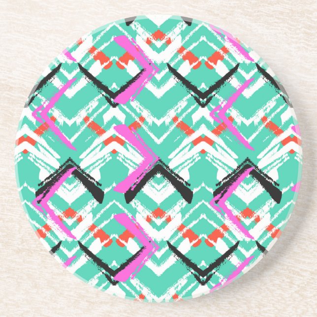 Hand Drawn Teal Zig Zag Pattern Drink Coaster (Front)