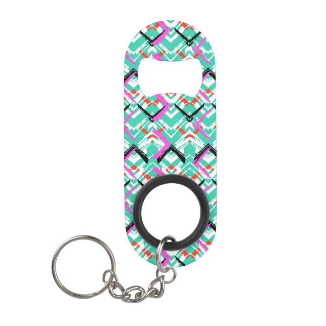 Hand Drawn Teal Zig Zag Pattern Keychain Bottle Opener (Front)