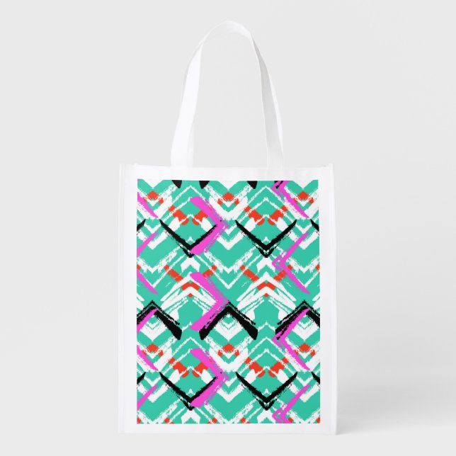 Hand Drawn Teal Zig Zag Pattern Reusable Grocery Bag (Front)