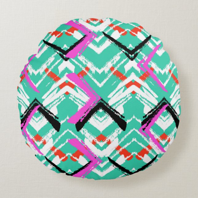 Hand Drawn Teal Zig Zag Pattern Round Pillow (Front)