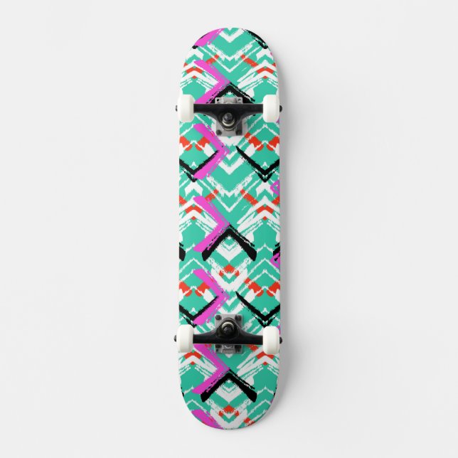 Hand Drawn Teal Zig Zag Pattern Skateboard Deck (Front)