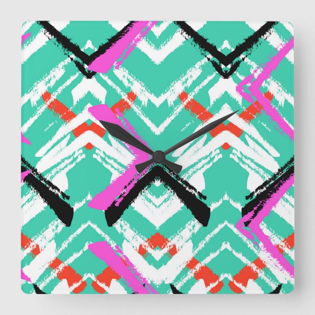 Hand Drawn Teal Zig Zag Pattern Square Wall Clock (Front)