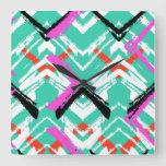 Hand Drawn Teal Zig Zag Pattern Square Wall Clock