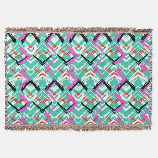 Hand Drawn Teal Zig Zag Pattern Throw Blanket (Front)