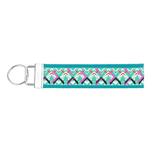 Hand Drawn Teal Zig Zag Pattern Wrist Keychain (Keys on Left)