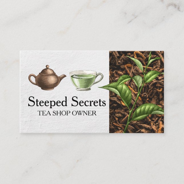 Hand Drawn Teapot and Cup | Tea Leaves Business Card (Front)