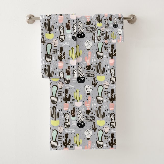 Hand Drawn Textured Cactus Pattern Bath Towel Set (Insitu)