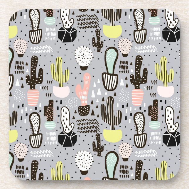 Hand Drawn Textured Cactus Pattern Beverage Coaster (Front)