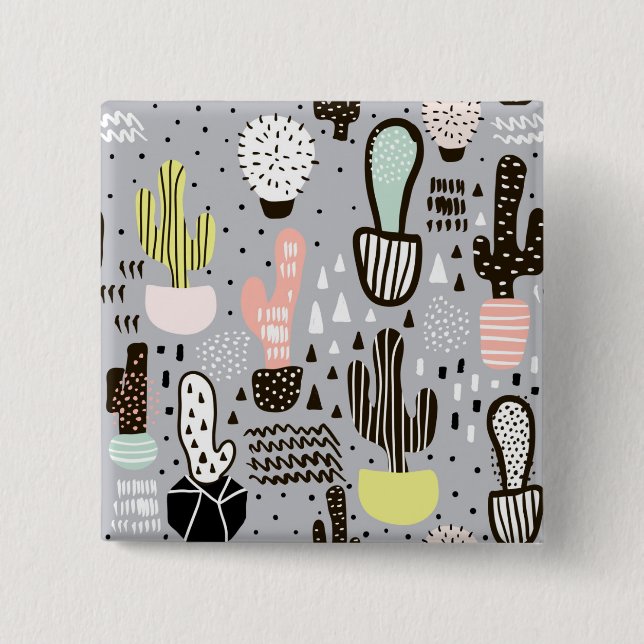 Hand Drawn Textured Cactus Pattern Button (Front)