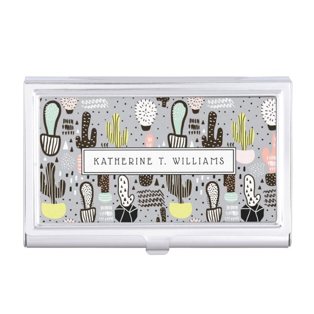 Hand Drawn Textured Cactus Pattern Case For Business Cards (Front)