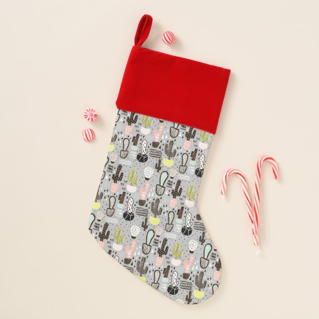 Hand Drawn Textured Cactus Pattern Christmas Stocking (Front)