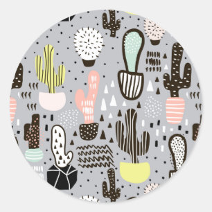 Hand Drawn Textured Cactus Pattern Classic Round Sticker