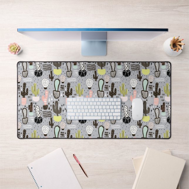 Hand Drawn Textured Cactus Pattern Desk Mat (Office 1)