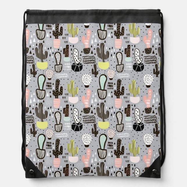 Hand Drawn Textured Cactus Pattern Drawstring Bag (Front)