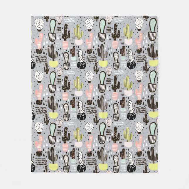 Hand Drawn Textured Cactus Pattern Fleece Blanket (Front)
