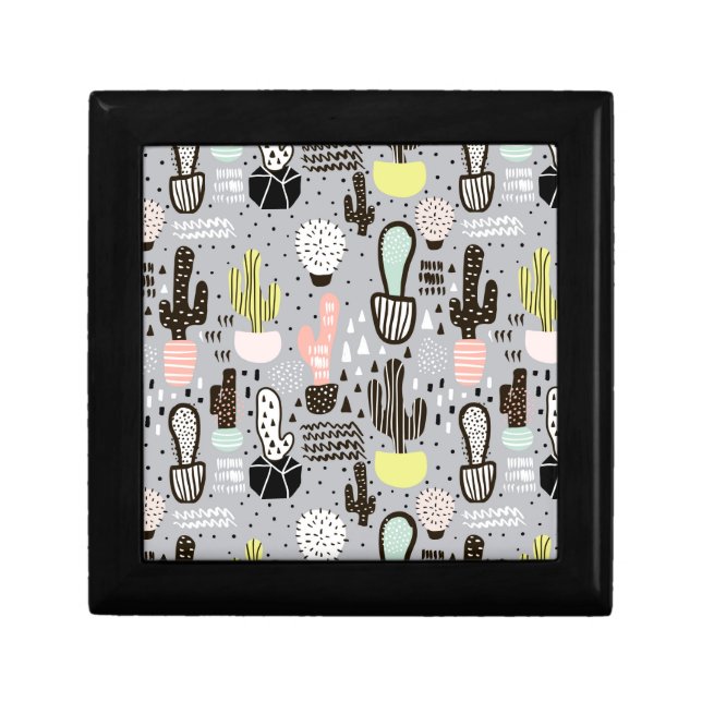 Hand Drawn Textured Cactus Pattern Keepsake Box (Front)