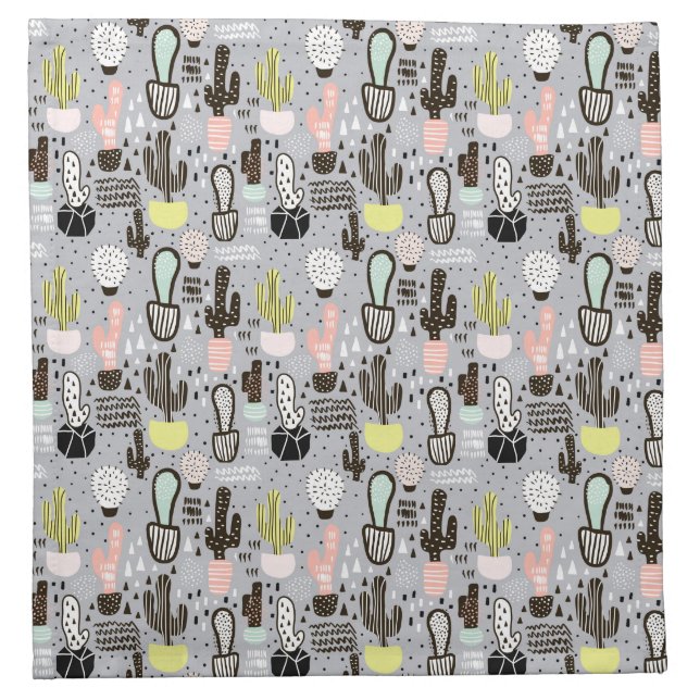 Hand Drawn Textured Cactus Pattern Napkin (Front)