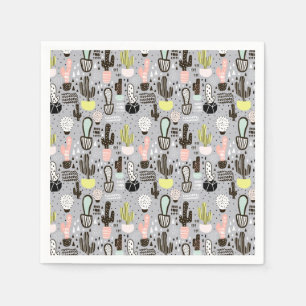 Hand Drawn Textured Cactus Pattern Paper Napkins