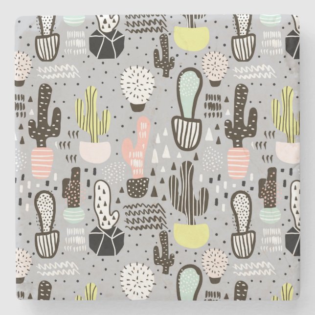 Hand Drawn Textured Cactus Pattern Stone Coaster (Front)