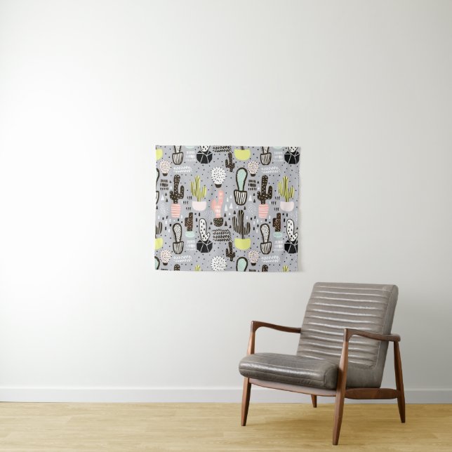 Hand Drawn Textured Cactus Pattern Tapestry (In Situ (Horizontal))