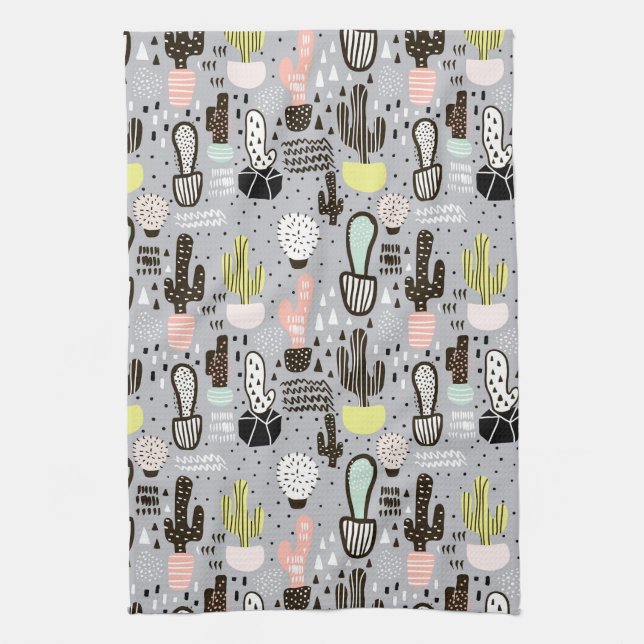 Hand Drawn Textured Cactus Pattern Towel (Vertical)