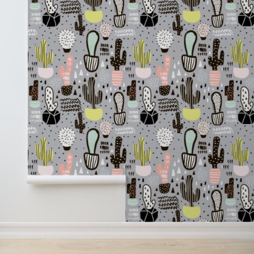 Hand Drawn Textured Cactus Pattern Wallpaper