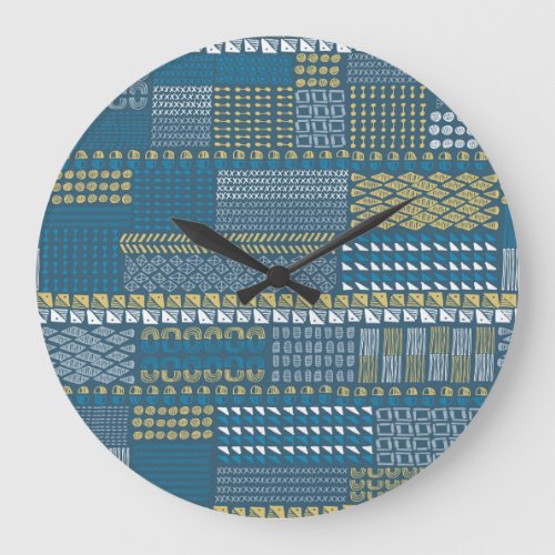 Hand_Drawn Textures Vintage Blue Pattern Large Clock
