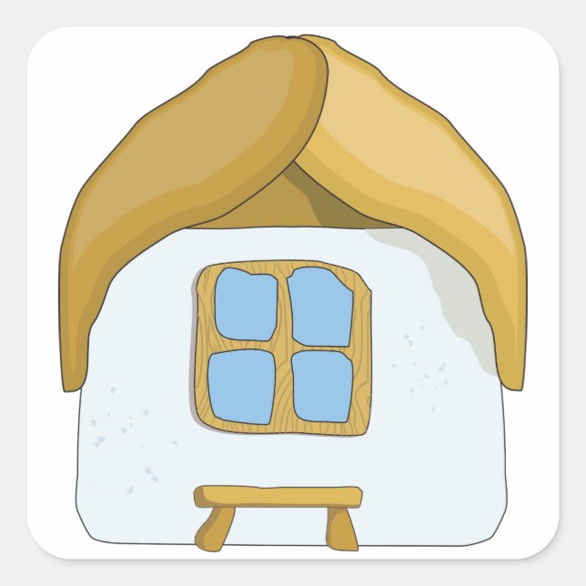 Hand-Drawn Thatched Cottage Little House Square Sticker (Front)