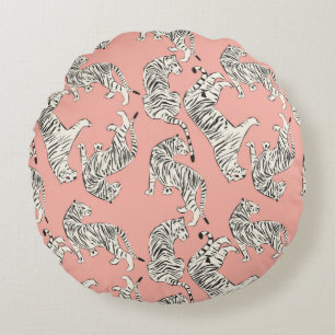 Hand drawn tiger seamless pattern, big cats in dif round pillow