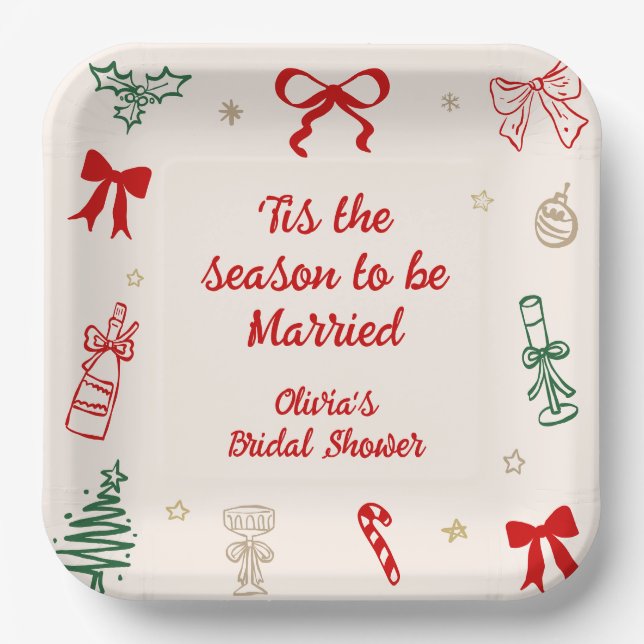 Hand Drawn Tis the Season Christmas Bridal Shower  Paper Plates (Front)