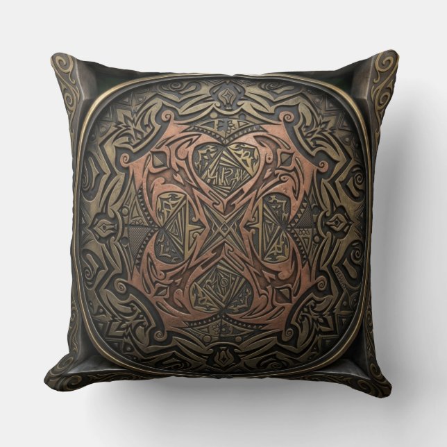 Hand-Drawn to 3D Digital: Intricate Bronze Mandala Throw Pillow (Front)
