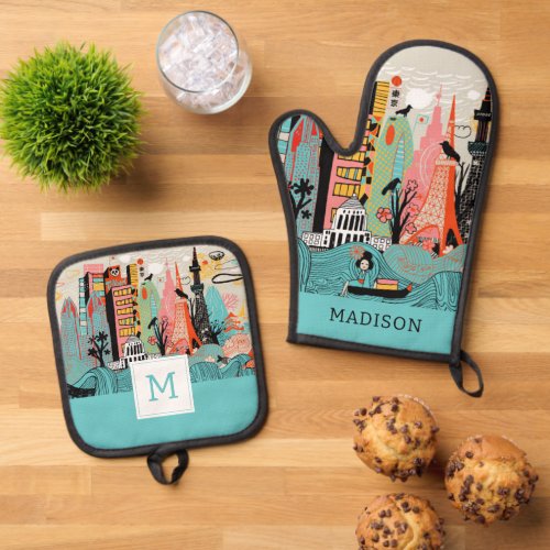 Hand Drawn Tokyo Japan Oven Mitt  Pot Holder Set