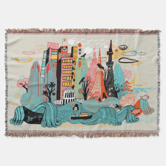 Hand Drawn Tokyo Japan Throw Blanket (Front)